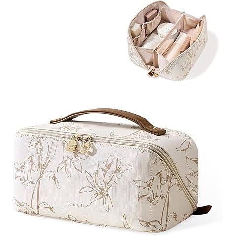 EACHY Travel Makeup Bag, Large Capacity Cosmetic Bags for Women, Waterproof Portable Pouch Open Flat Toiletry Bag Pattern Make up Bag (F-Beige)