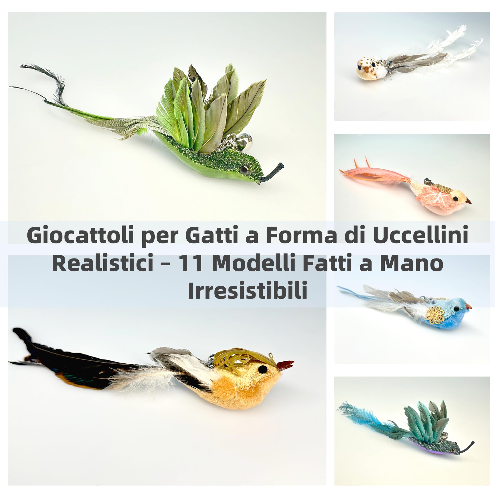 11 Pezzi Piume Uccelli Naturali per Bacchetta Gioco Gatto, Giocattolo Interattivo con Campanellini, Accessori e Testine di Ricambio per Gatti, Regalo per Cuccioli e Gattini