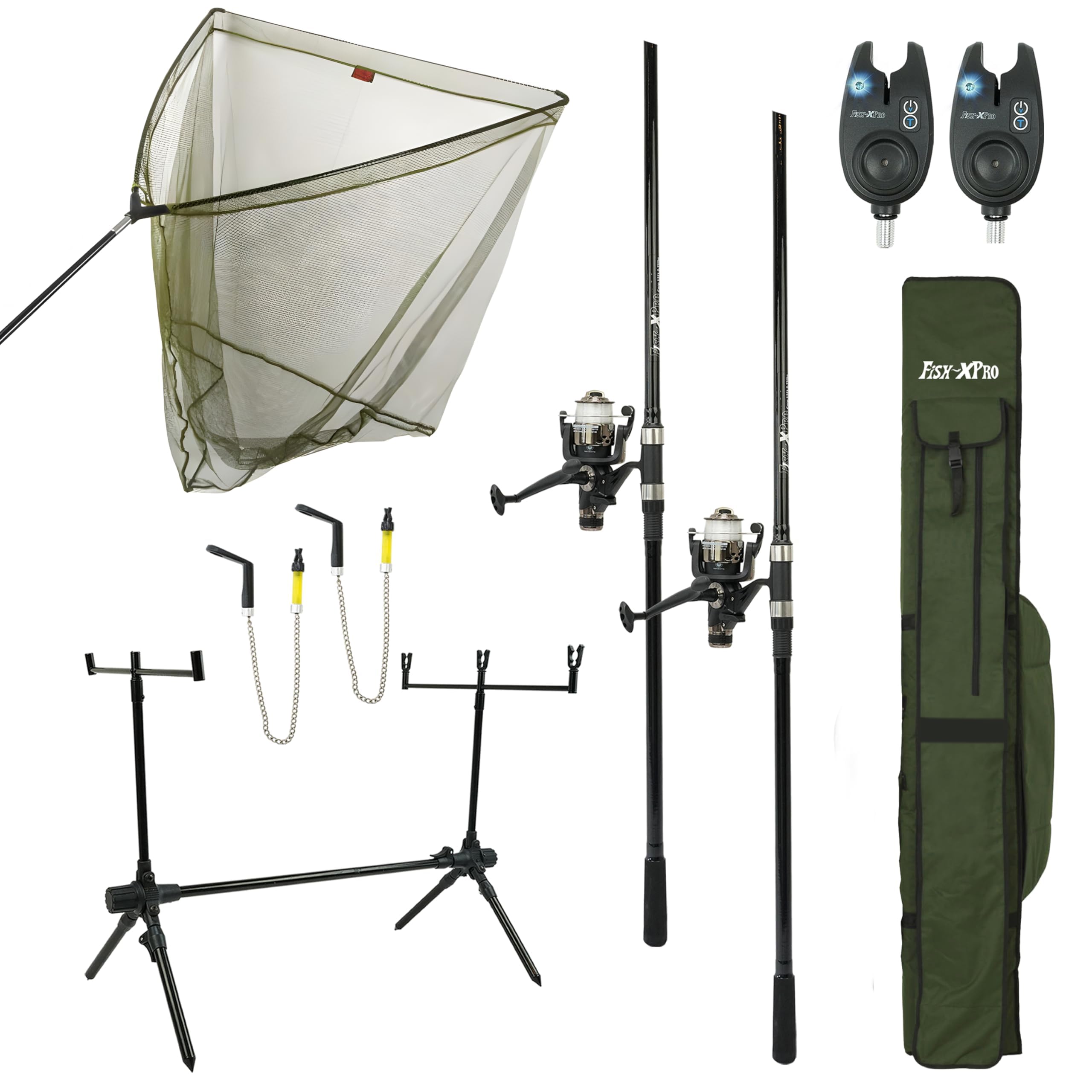 FISH-XPRO Karper Set Plus 3-Rod - Black Carp Fishing Rod Kit - 96 Pieces - Bite Detectors - Swingers - Rodpod - Rear Supports - Foudrale - Extra Extended