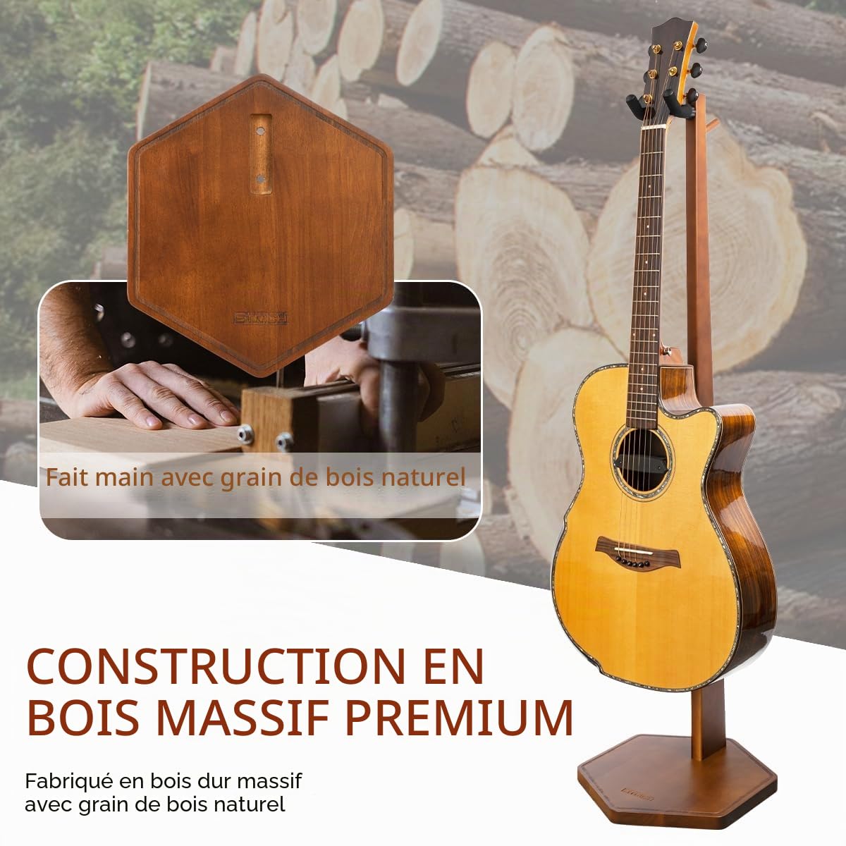 STRICH Support pour guitare acoustique et électrique, hauteur 103 cm (40.5" ), en bois de noyer, avec crochet de suspension, pour la maison ou le studio (FH1, présentoir pour guitare)