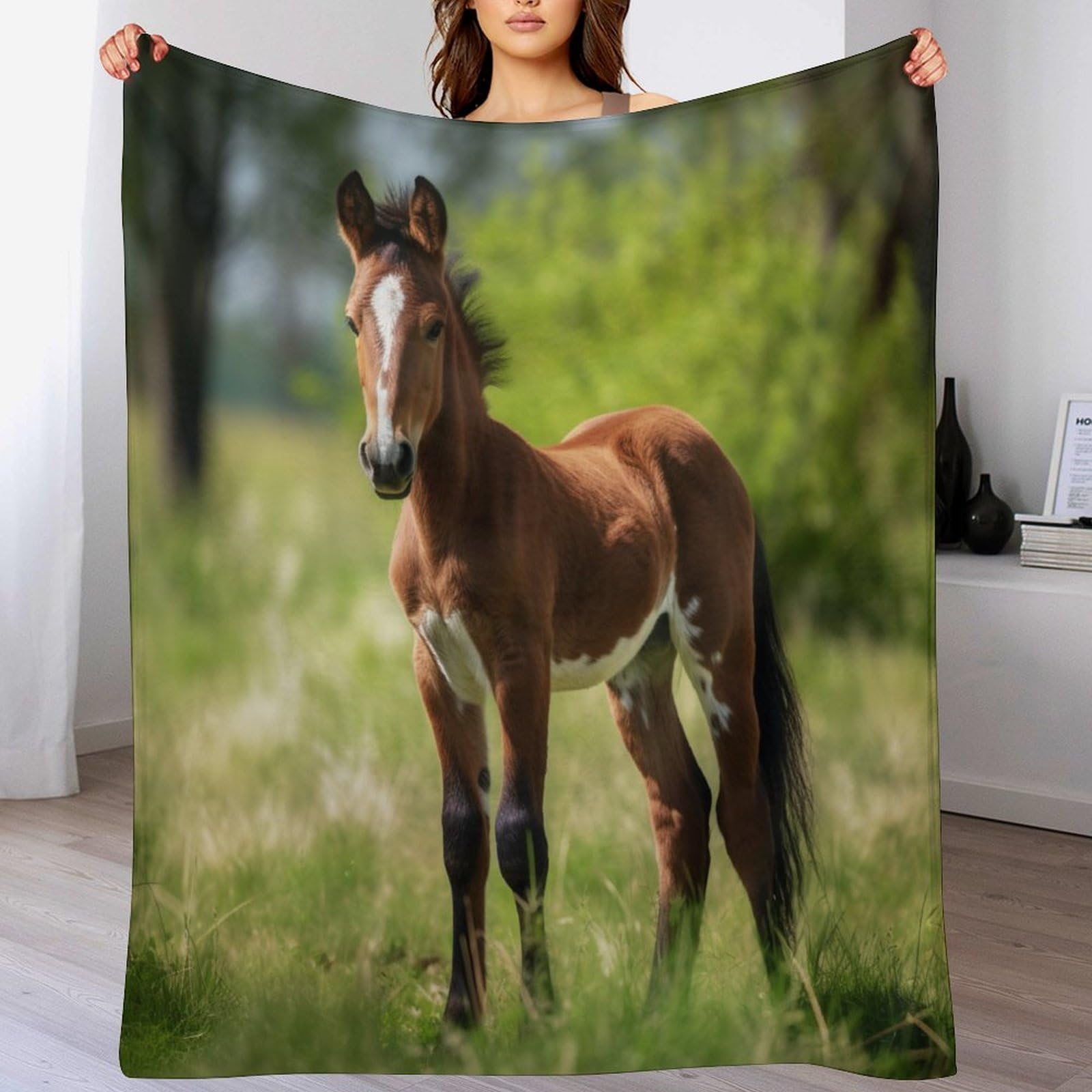 Couverture polaire cheval 150x200cm, le plaid léger anti-froid pour lit et voyage