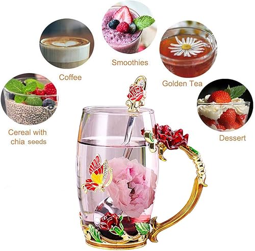 Miniatura 6 de Regalos de cumpleaños para mujeres, taza de té de cristal con diseño de mariposa esmaltada, taza de café rosa roja, regalos lindos para mamá,
