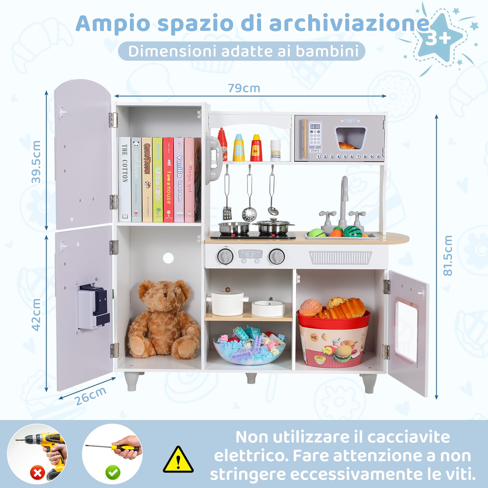 MAMIZO Cucina Bambini Legno, con Pentole e padelle, Telefono, Lavello, Fornelli, Macchina del Ghiaccio, Cucina Giocattolo per Bambini con Luci e Suoni, 79x82x30 cm, Grigio