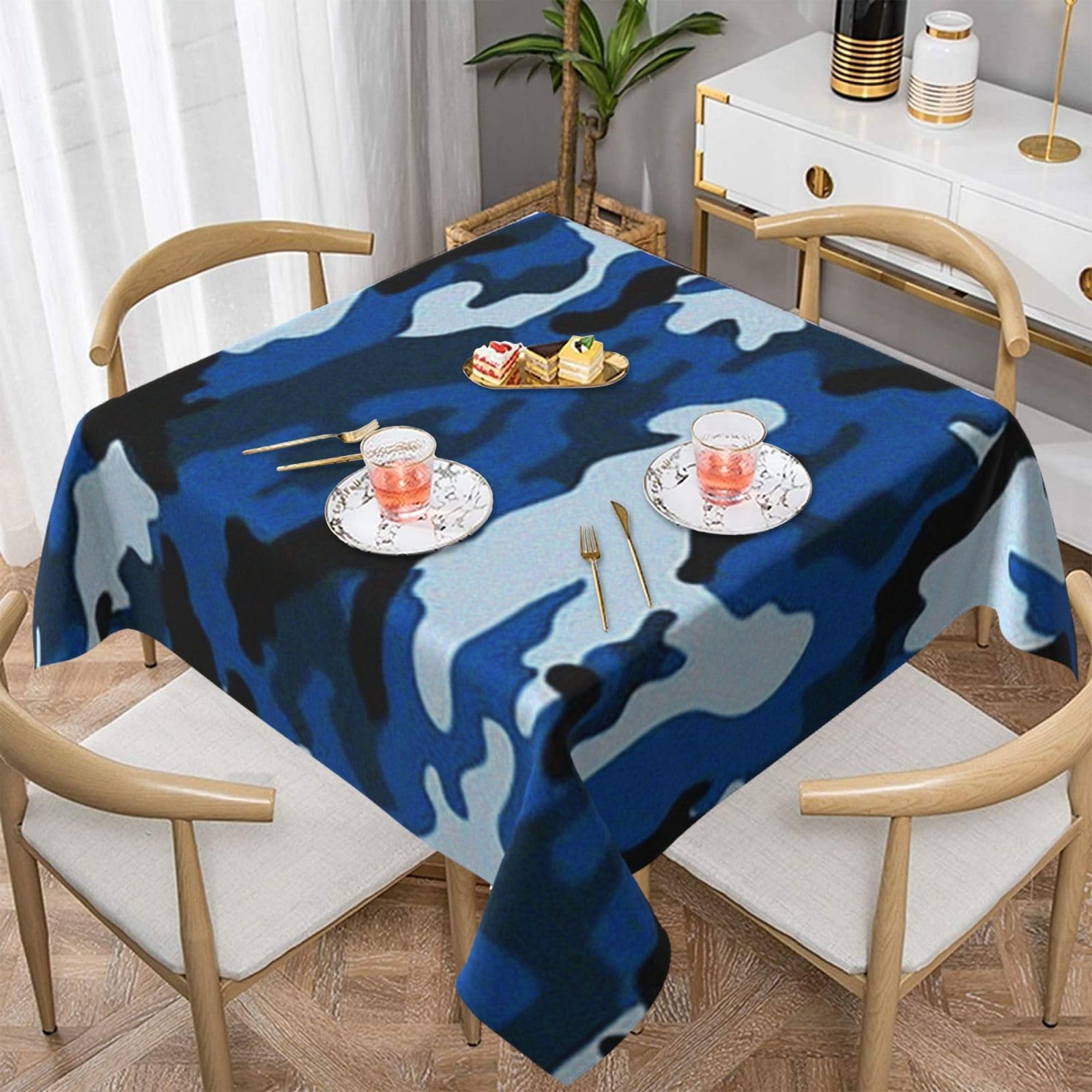 DCEHGEW Blue Camouflage Prints Square Tablecloth 137x137 CM, Waterproof Fabric Table Cloth for Dining Table, Farmhouse Table Cover for Kitchen Dining Tabletop Decoration