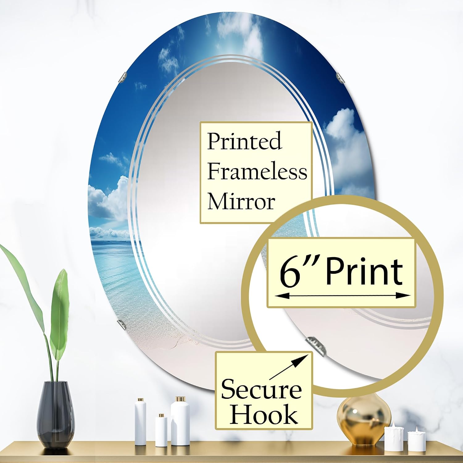 DesignQ Nautical & Beach wall mirror, Oval Nautical & Coastal mirror, Round Blue bathroom mirror, Coastal Beach vanity mirror Caribbean Sea with Sandy Shore II printed mirror decor, oval mirror 24x36