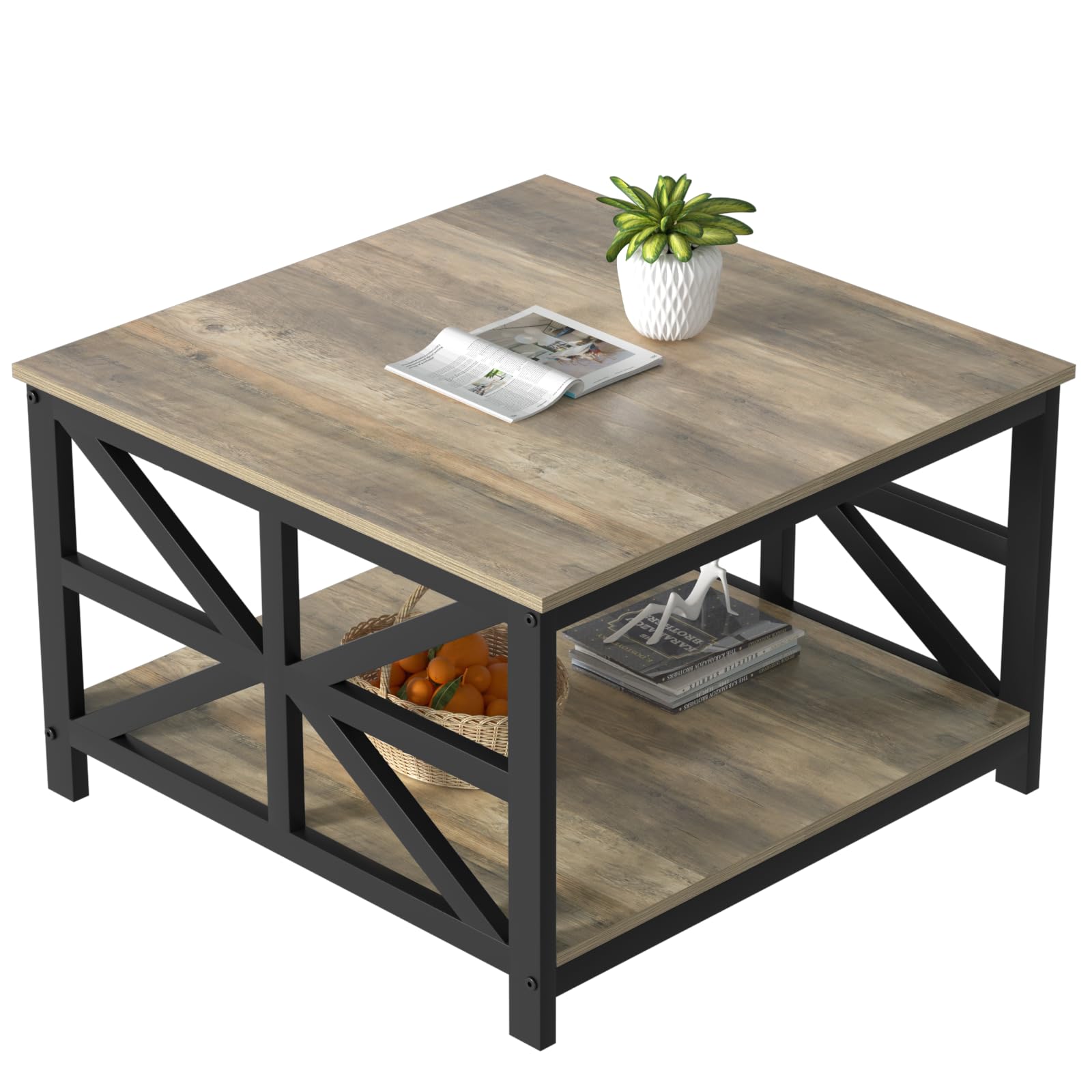 GreenForest Coffee Table with Storage, Small Coffee Table for Living Room, 27.6 inch Farmhouse Square Sofa Table Center Table for Small Spaces, Easy Assembly, Grey Wash