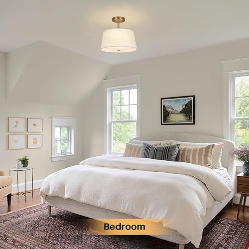 Miniatura 5 de Lámpara de techo semiempotrada moderna en forma de cono, lámpara de tambor de 3 luces con acabado de latón dorado y pantalla de tela beige para