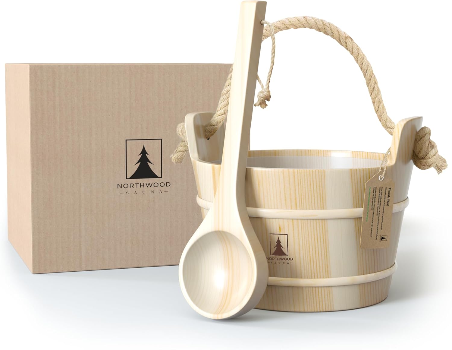 Sauna Bucket and Ladle Set - Handmade from Finnish Pine Wood - Natural Rope Handle - 1 Gallon (4 Liters) Water Capacity