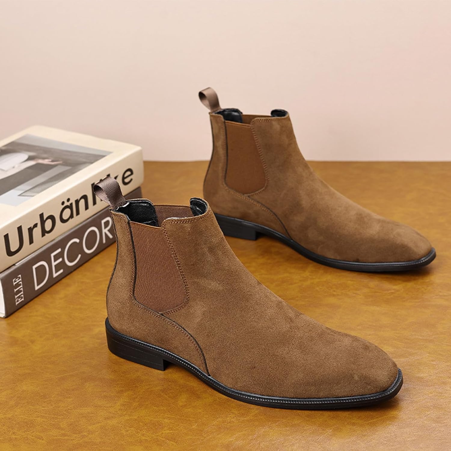 Men's Suede Chelsea Boots Cap Round Toe Low Heel Classic Side Elastic Band Slip On Comfortable Fashion Dress Ankle Boots for Work Business Daily Wear - Image 5