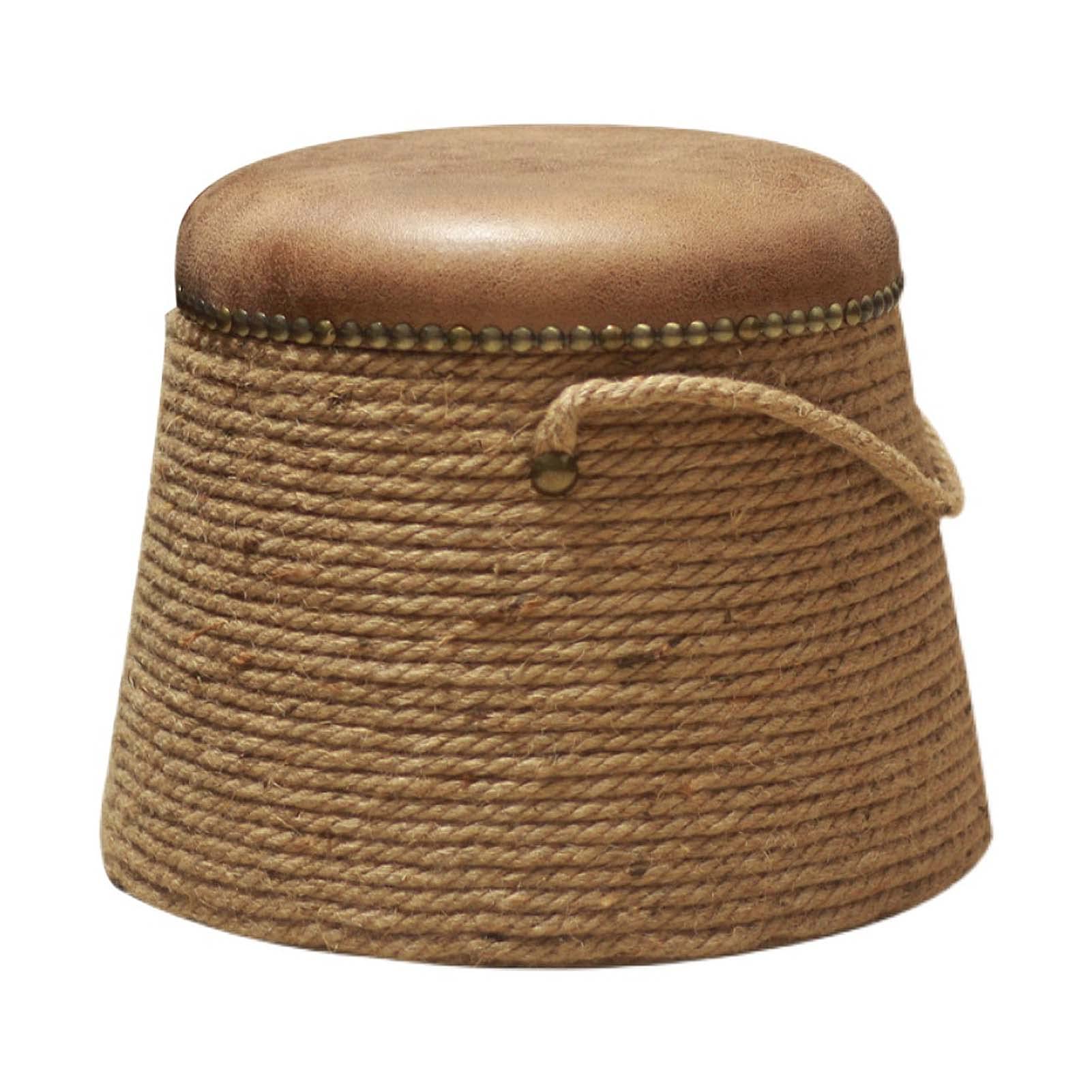 Tabouret en bois avec coussin cuir PU et corde pour salon