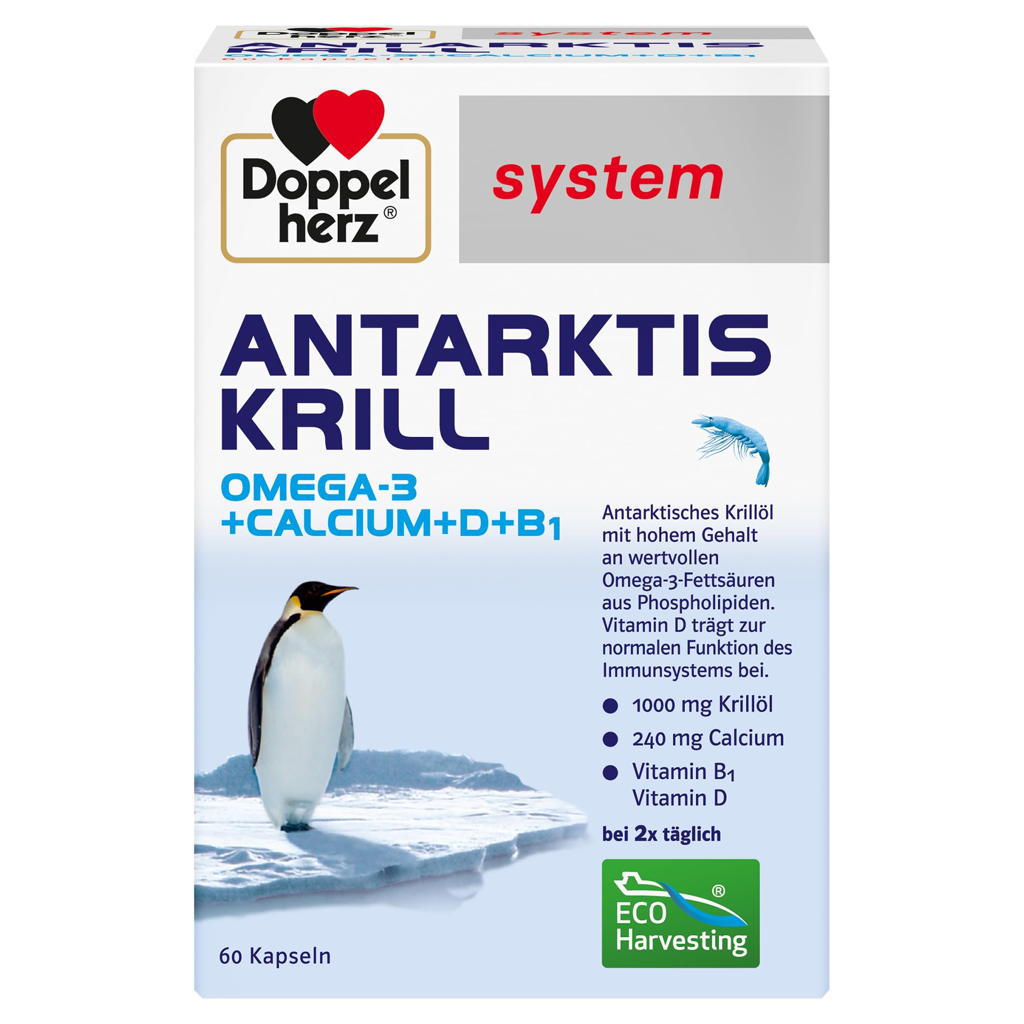 Doppelherz system ANTARKTIS KRILL Omega-3 + Calcium + D + B1 – Herzfunktion & Immunsystem – Omega-3-Fettsäuren EPA/DHA als Beitrag zur normalen Herzfunktion – 60 Kapseln