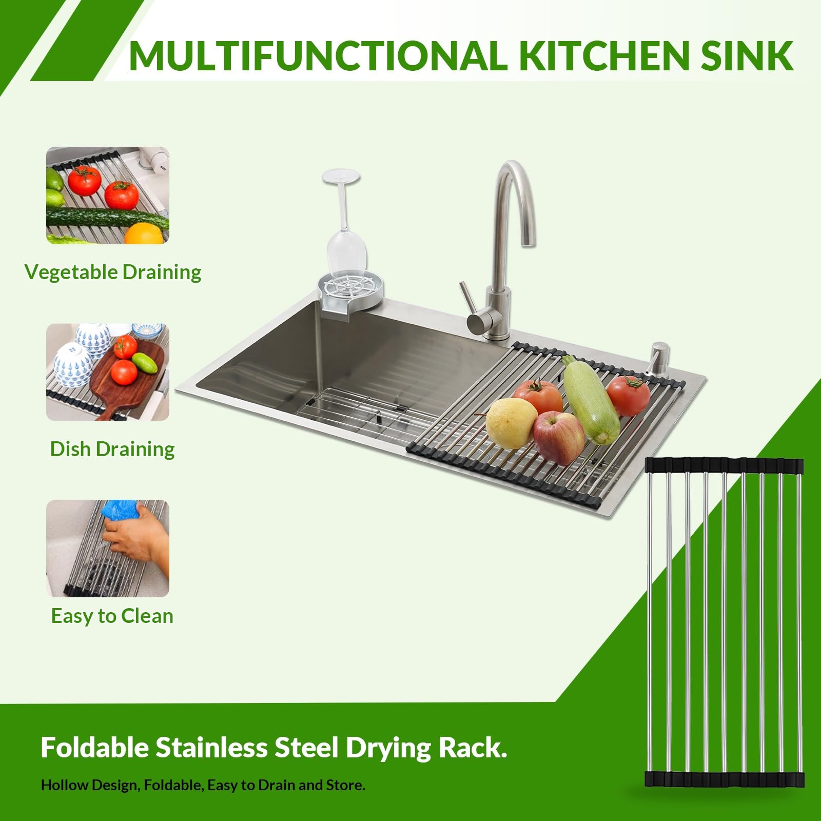 Fregadero Cocina 1 Seno, Acero Inoxidable Fregadero Con Escurreplatos Y Dispensador De Jabón, Fregadero De Cocina Pequeño Con 2 Agujeros Pretaladrados, Fregadero Sobre Encimera O Enrasado(Silver#2,85x