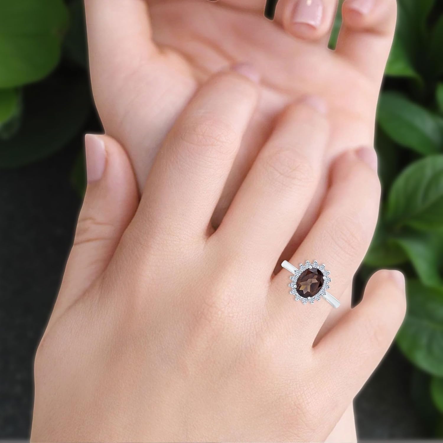 OMRANII Art Deco Oval Natural Chocolate Smoky Quartz Vintage Style Floral Halo CZ Wedding Engagement Ring For Women 925 Sterling Silver Gifts For Her