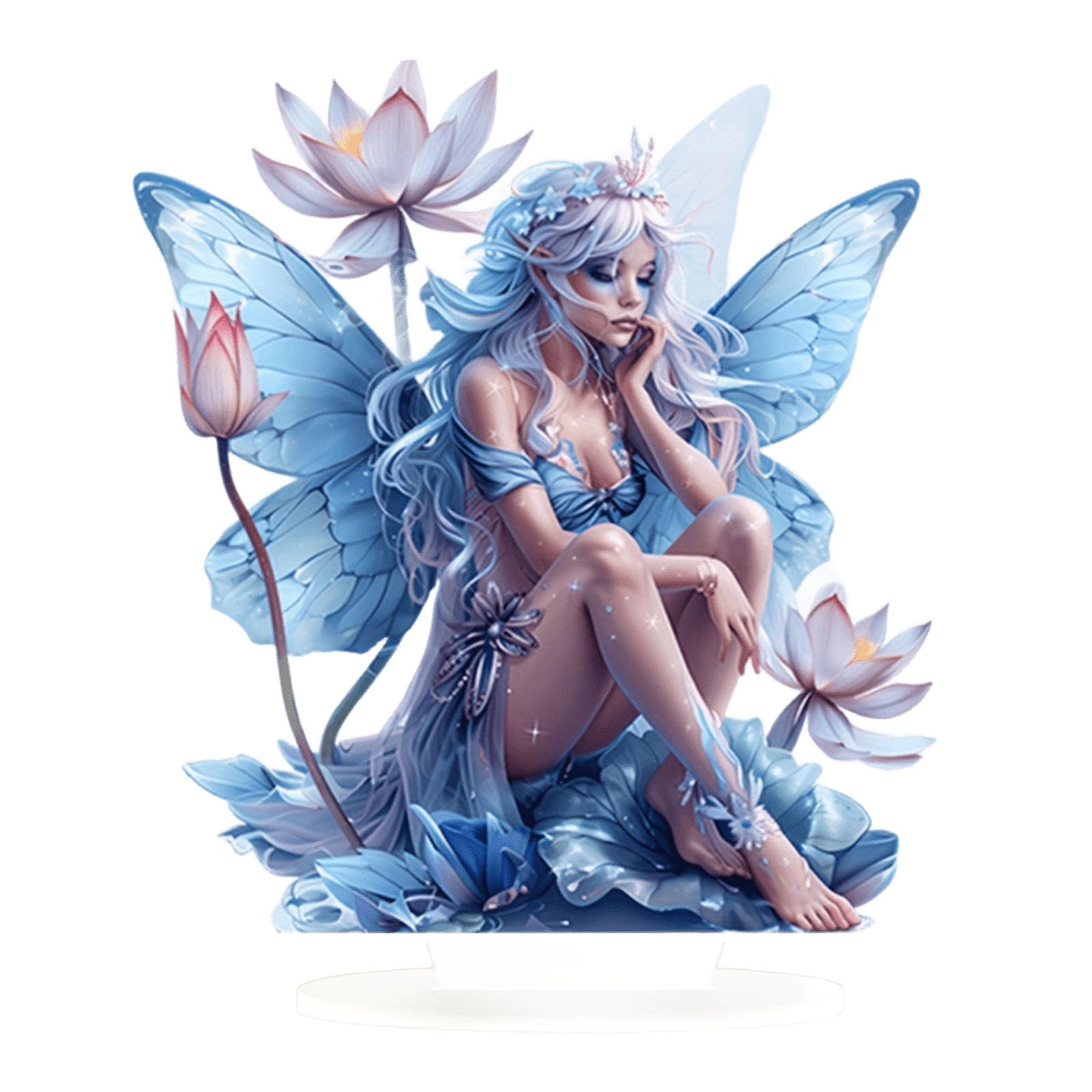Fairy Acrylic Standee, 2D Flat Art Butterfly Fairy Desktop Standee, Magic Elf Tabletop Decorative Ornament, Creative Desktop Decor for Home Study Room Bookshel Office (Serene Blue Lotus Fairy)
