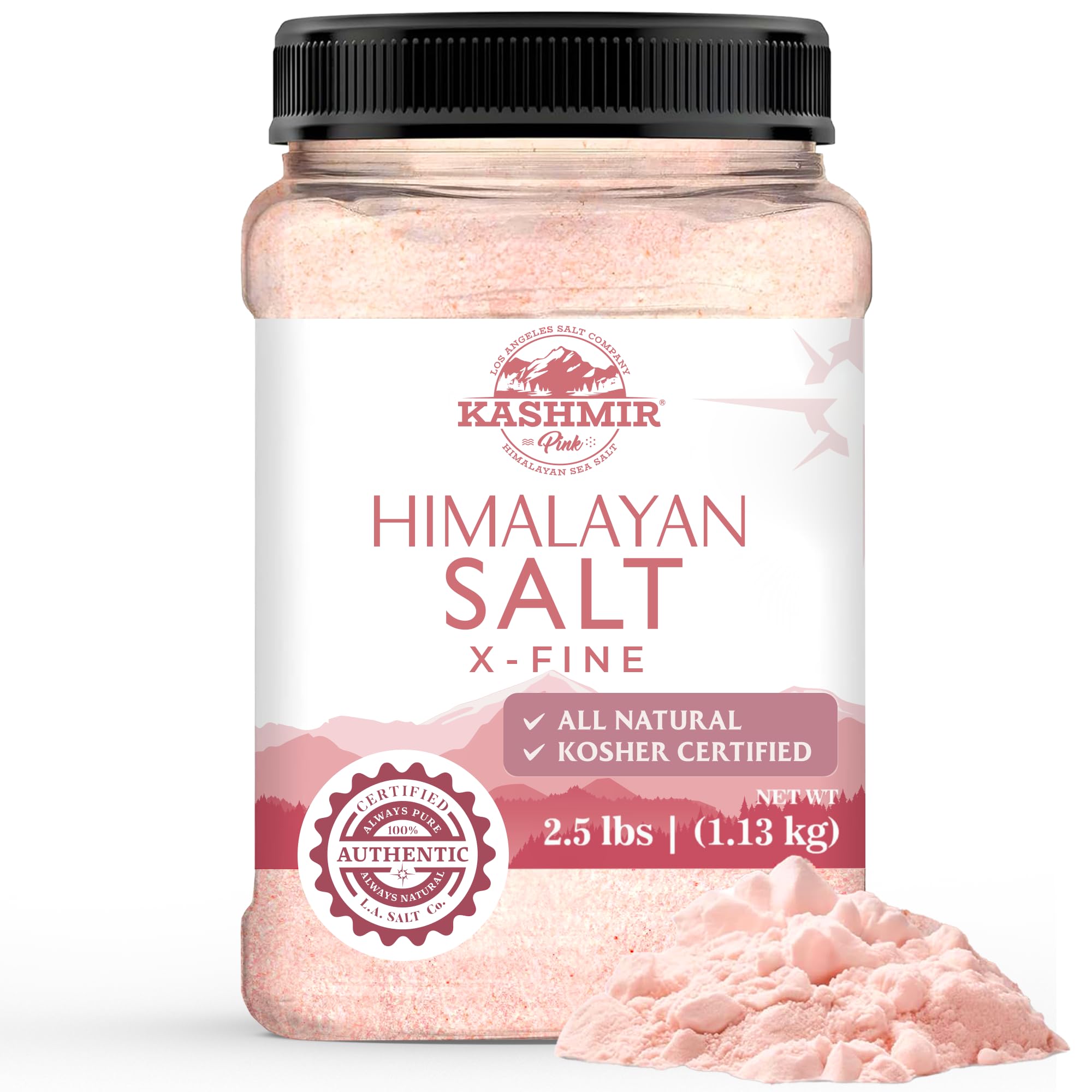 LA SALT CO Kashmir 2.5 Lbs Pink Himalayan Salt Jar, X-Fine | 100% Pure, Food Grade with 84 Trace Minerals | Kosher Certified, Vegan, Non-GMO, & Cruelty-Free