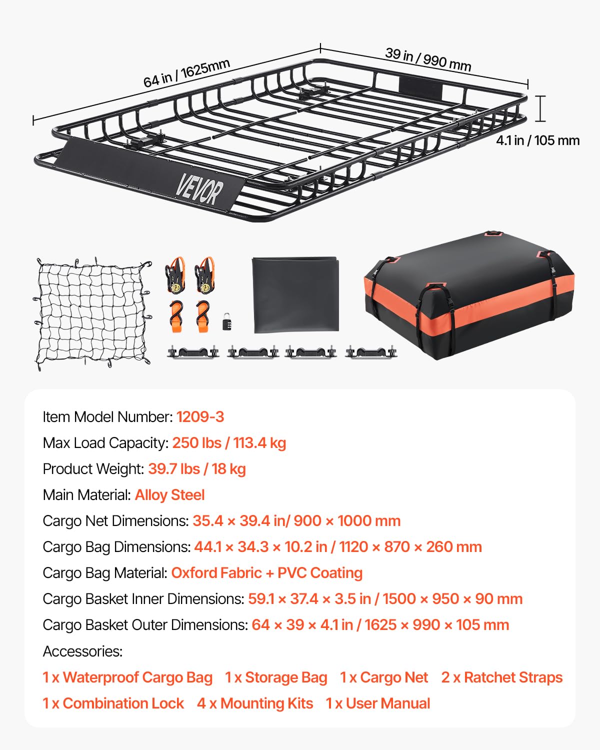 VEVOR Cesta para Portaequipajes de Techo 162,5x99x10,5 cm Soporte de Equipajes Universal con Bolsa de Carga 112x87x26 cm Correas de Trinquete Carga Máxima de 113,4 kg para SUV, Camión, Coche