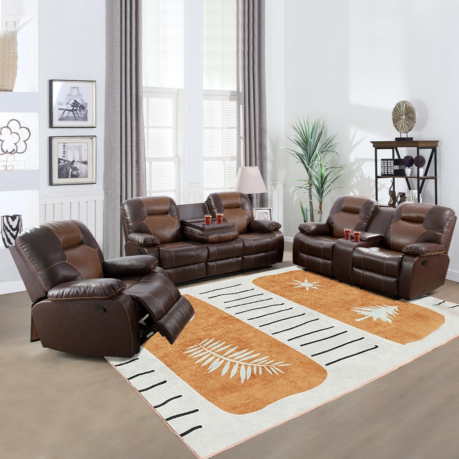 Recliner Sofa Sets for Living Room Furniture Sets, Luxurious Brown Leather Reclining Sofa Set，Reclining Couch +Loveseat Recliner+Single Recliner Chair (3 pcs Set,Brown)