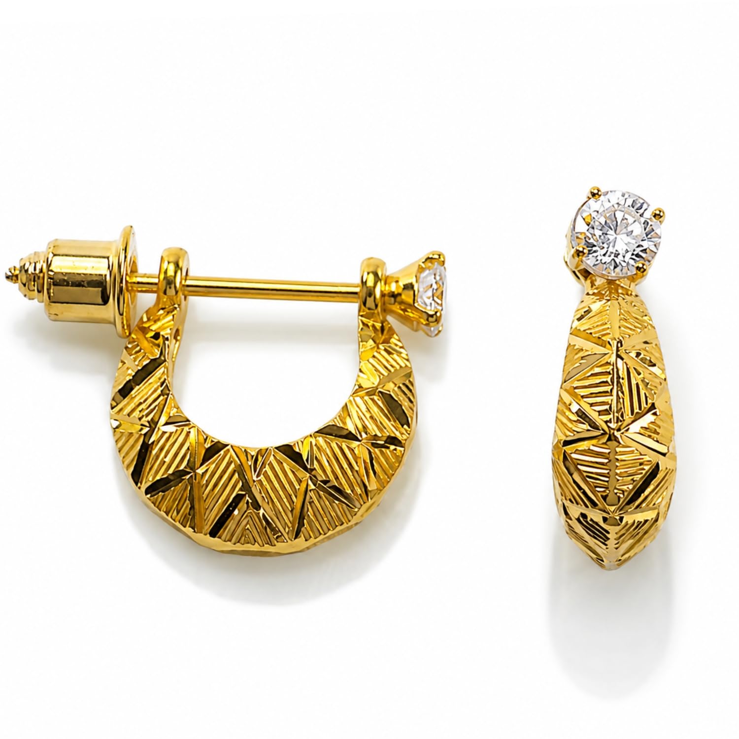 Men's Gold Finish Stud Hoop Earrings | Textured Geometric Design with CZ Stone | Lightweight Fashion Ear Stud for Men & Boys | Party, Casual & Daily Wear-image-18