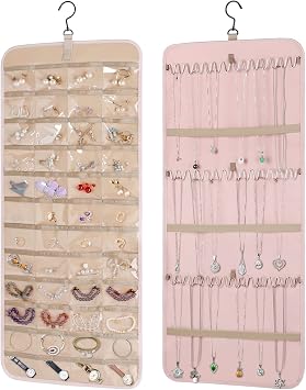 Hanging Jewelry Organizer Storage Roll with 360 Degree Rotating Hanger, Dual Sided Necklace Holder Jewelry Chain Organizer with Zippered Large Pockets And Hooks for Rings, Bracelet,83cm/33inch Pink