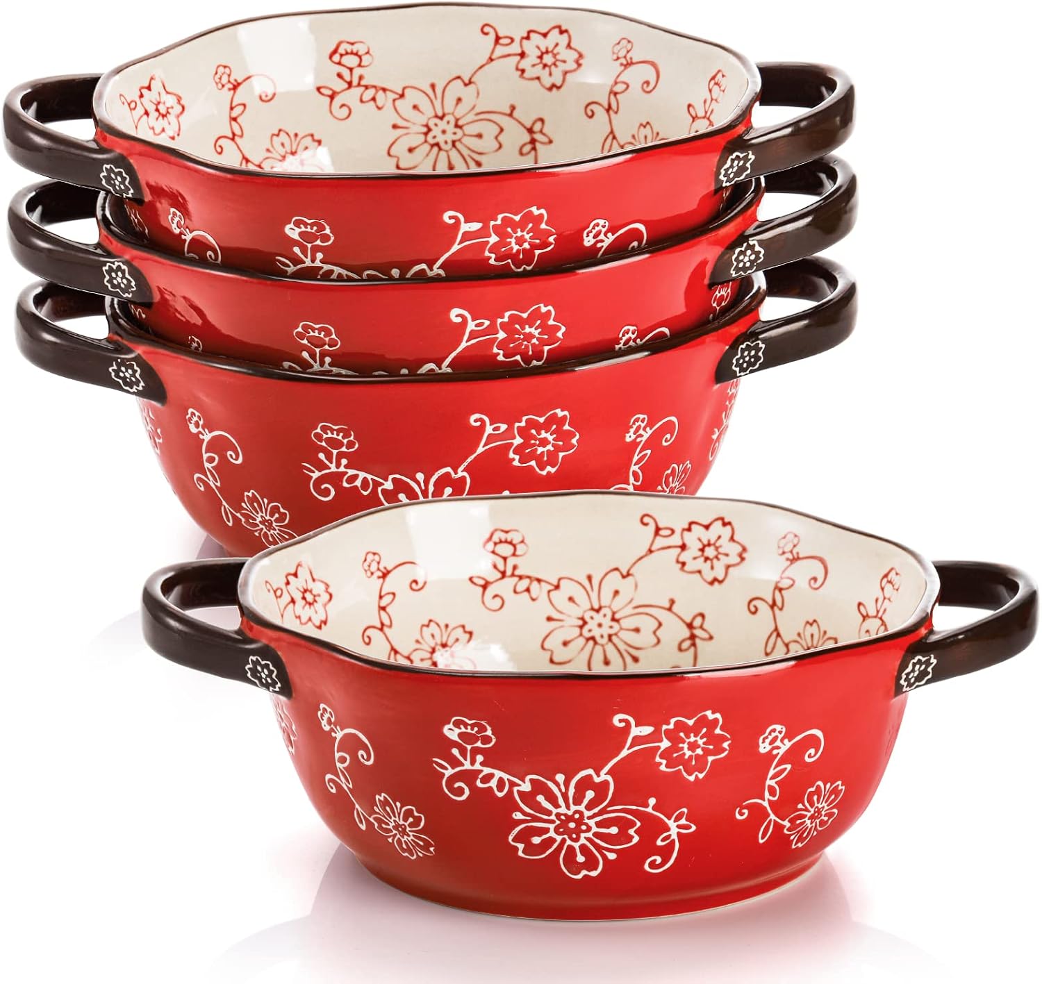 AVLA 4 Pack Ceramic Soup Bowls, 22 Ounces Porcelain Serving Bowl Set with Doundle Handle, Large Ceramic Crocks for French Onion Soup, Stew, Pasta, Cereal, Pot Pies ( Red ) : Home & Kitchen