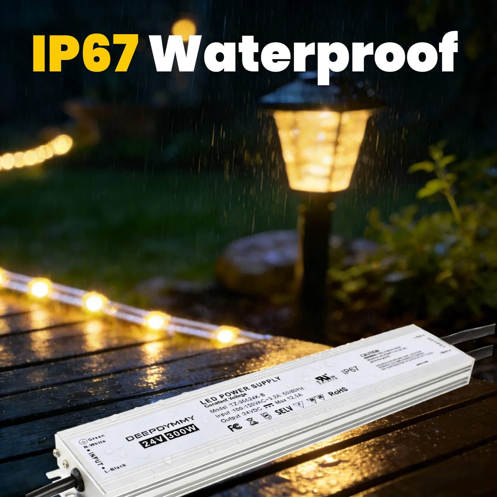 Alimentatore 24 V DC 300 W - Trasformatore ultra sottile a bassa tensione con spina a 3 poli e cavo da 1 m, impermeabile IP67 per strisce LED, illuminazione esterna