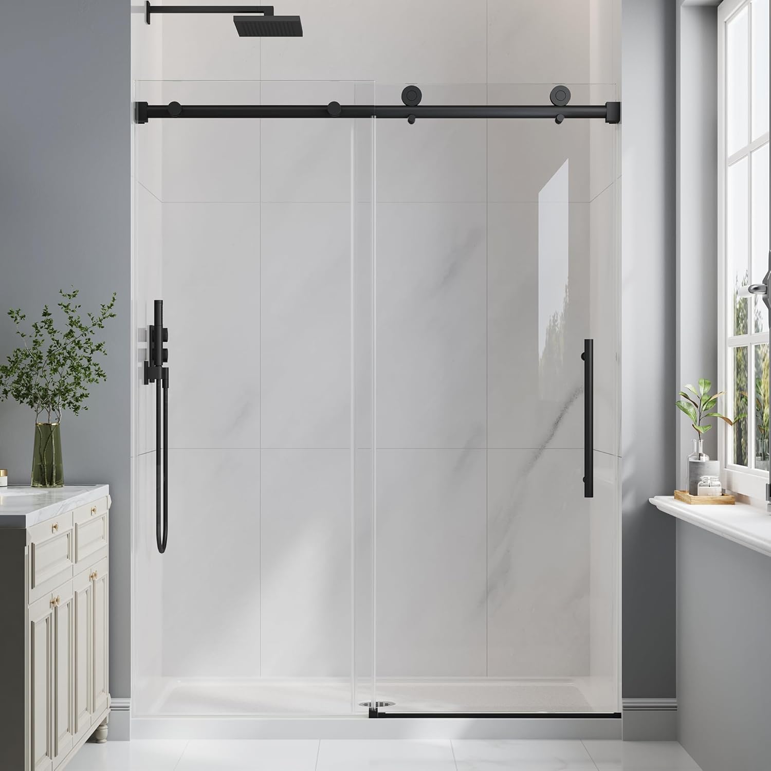 Frameless Glass Shower Door, 43-48" W x 76" H Sliding Frameless Shower Door, 1/4''(6mm) SGCC Tempered Glass, Explosion-Proof Film Nano Coating, Stainless Steel Hardware, Matte Black