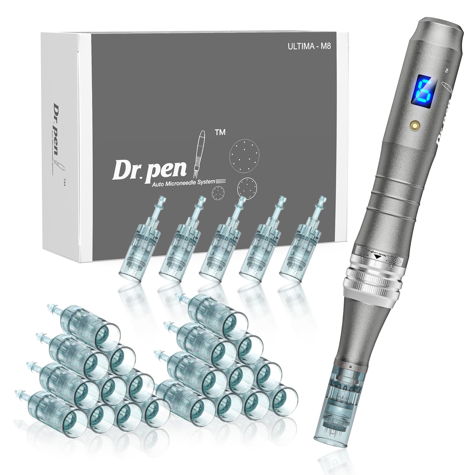 Dr. Pen M8S Microneedling Pen Professionale Wireless, Dermapen Elettrico Senza Fili con 25 Cartucce Aghi Originali, 6 Velocità Regolabili e Display LED, Trattamento Pelle Viso, Capelli e Corpo