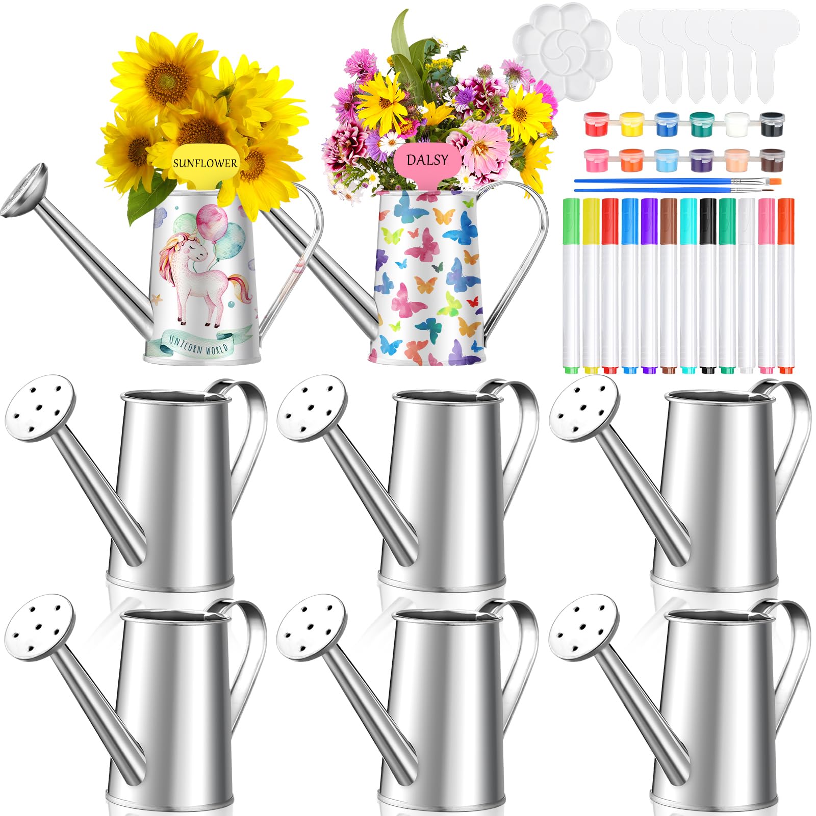 Reallnaive 6 Set Summer Crafts DIY Flower Gardening Kit Metal Succulent Pots Paintable Watering Can Planters Ready to Paint Plant Pot Unpainted Flower Pots Bulk for Classroom