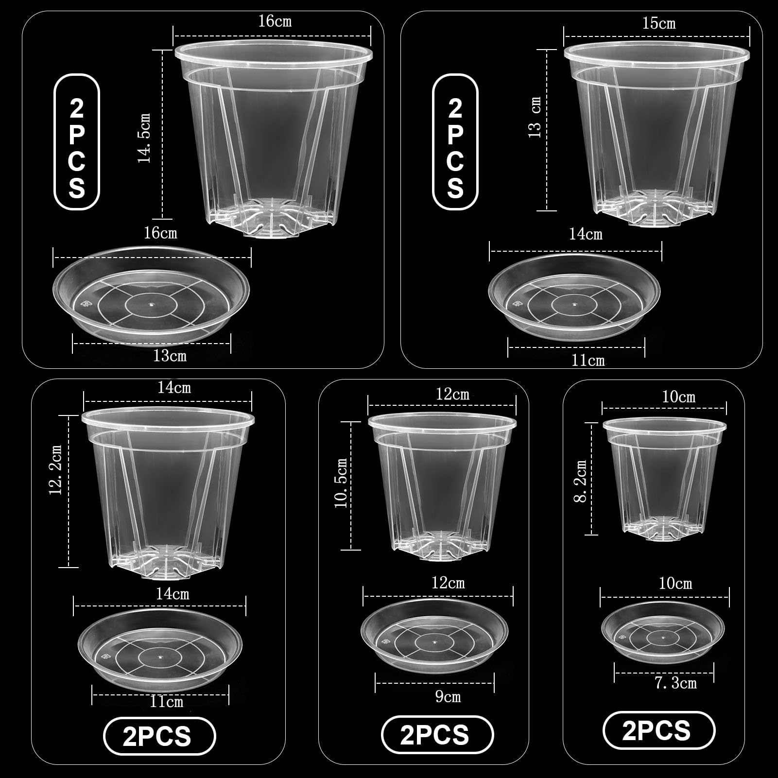 Pots Transparents avec Trou de Drainage, 10-16 cm, Renforcés avec Soucoupe, Pack Variété Plastique pour Semis