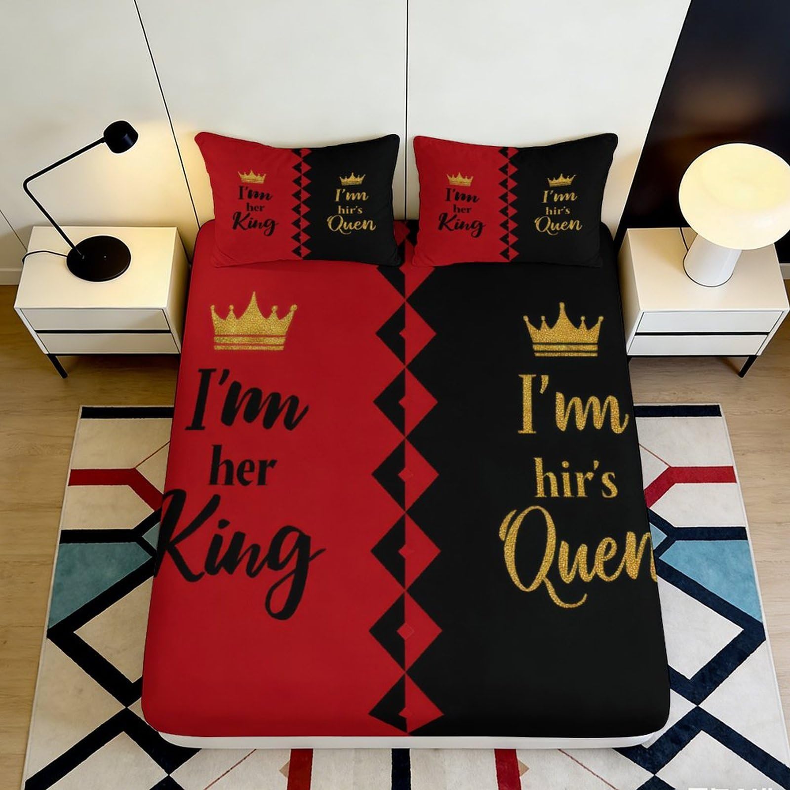 3D Printed King Queen Fitted Sheet Microfiber Black Red Crown Bed Cover for Bedroom Dorm Mattress Decor 90x200x25cm