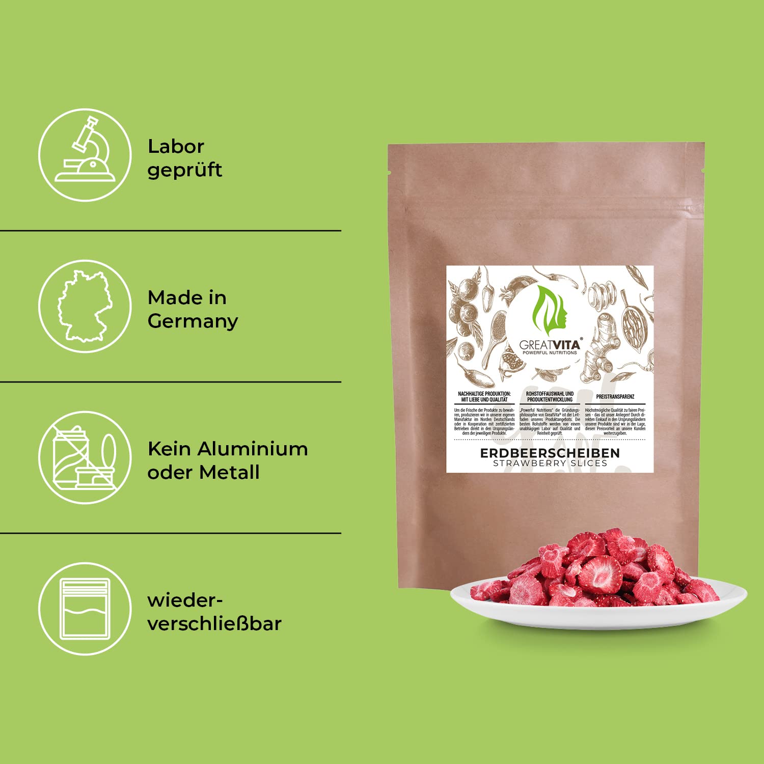 GreatVita Gefriergetrocknete Erdbeeren 4x 250g - Knusprige Erdbeerscheiben ohne Zuckerzusatz - Snack & Topping