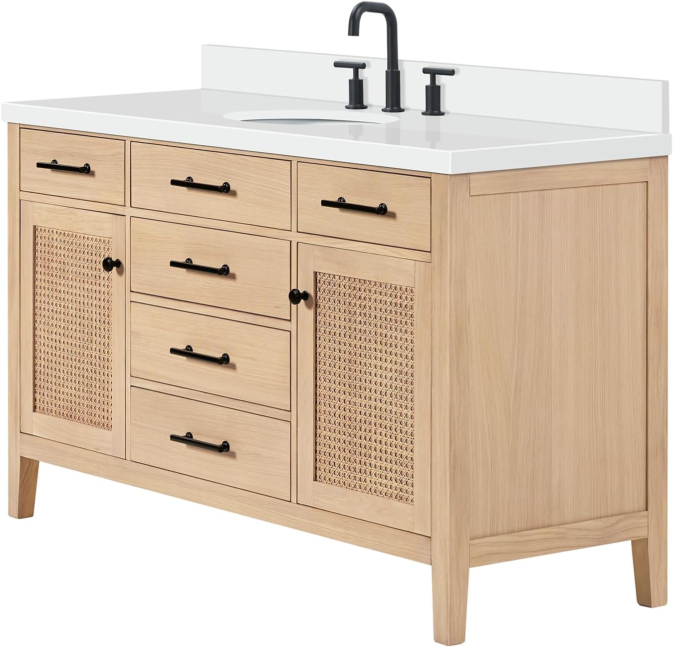 ARIEL Camila 60-inch Bathroom Vanity with Sink,Solid Wood, 1.5-inch Pure White Quartz Countertop & Backsplash, Single Oval Porcelain Sink, 2 Soft Closing Doors, 6 Dovetail Drawers, White Oak