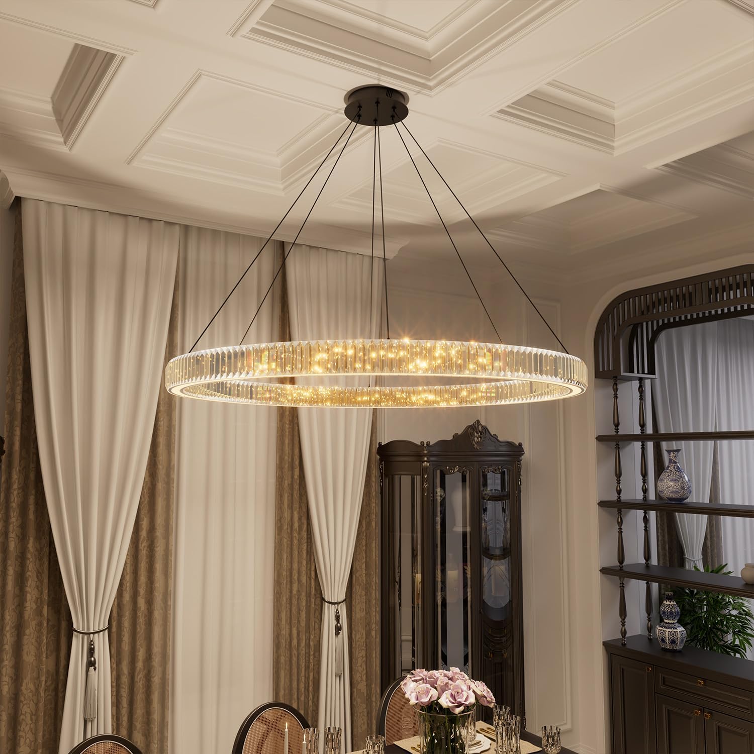 48" Black K9 Crystal Ring Chandelier, Modern Integrated LED Dimmable Ceiling Pendant Light, Adjustable Height Luxury Fixture for Living Room, Dining Room, Foyer
