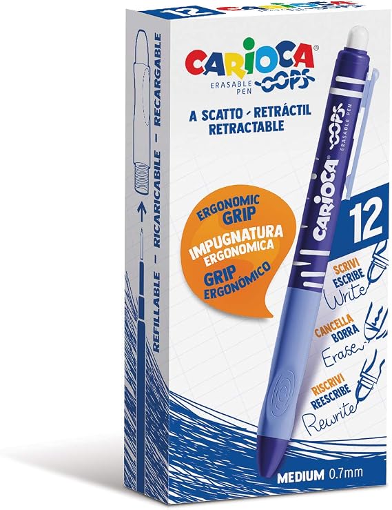 CARIOCA Oops Retractable Blue | Erasable Refillable Retractable Ballpoint Pens Set for School, University and Office with Built-in Rubber and Ergonomic Grip, Blue Pens, 12 Units