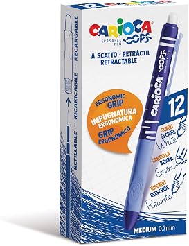 CARIOCA Oops Retractable Blue | Erasable Refillable Retractable Ballpoint Pens Set for School, University and Office with Built-in Rubber and Ergonomic Grip, Blue Pens, 12 Units