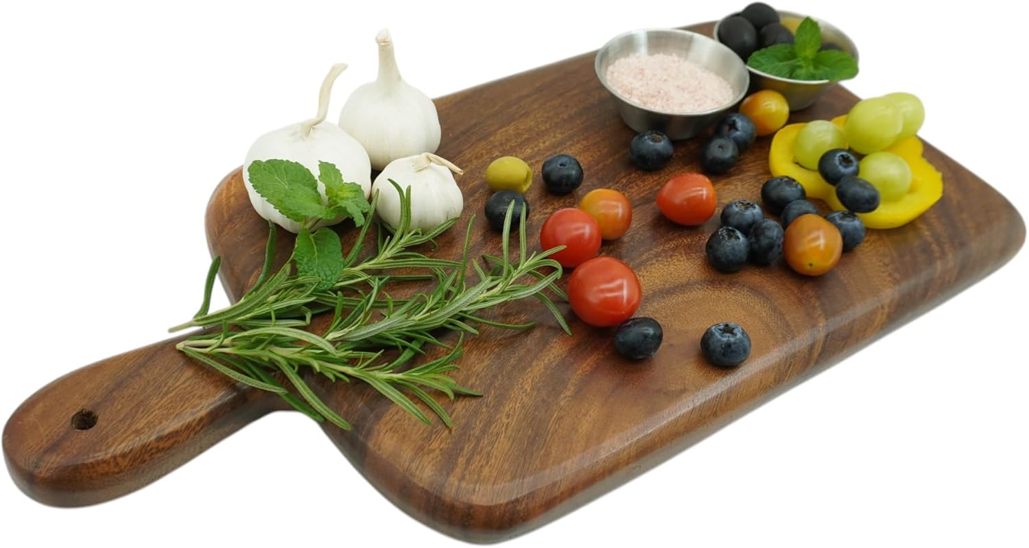Acacia Wood Cutting Board with Handle, Single Piece Solid Wood, Double Sided Charcuterie and Bread Board, Small Knife Friendly Kitchen Prep Board, 15 x 8 Inch
