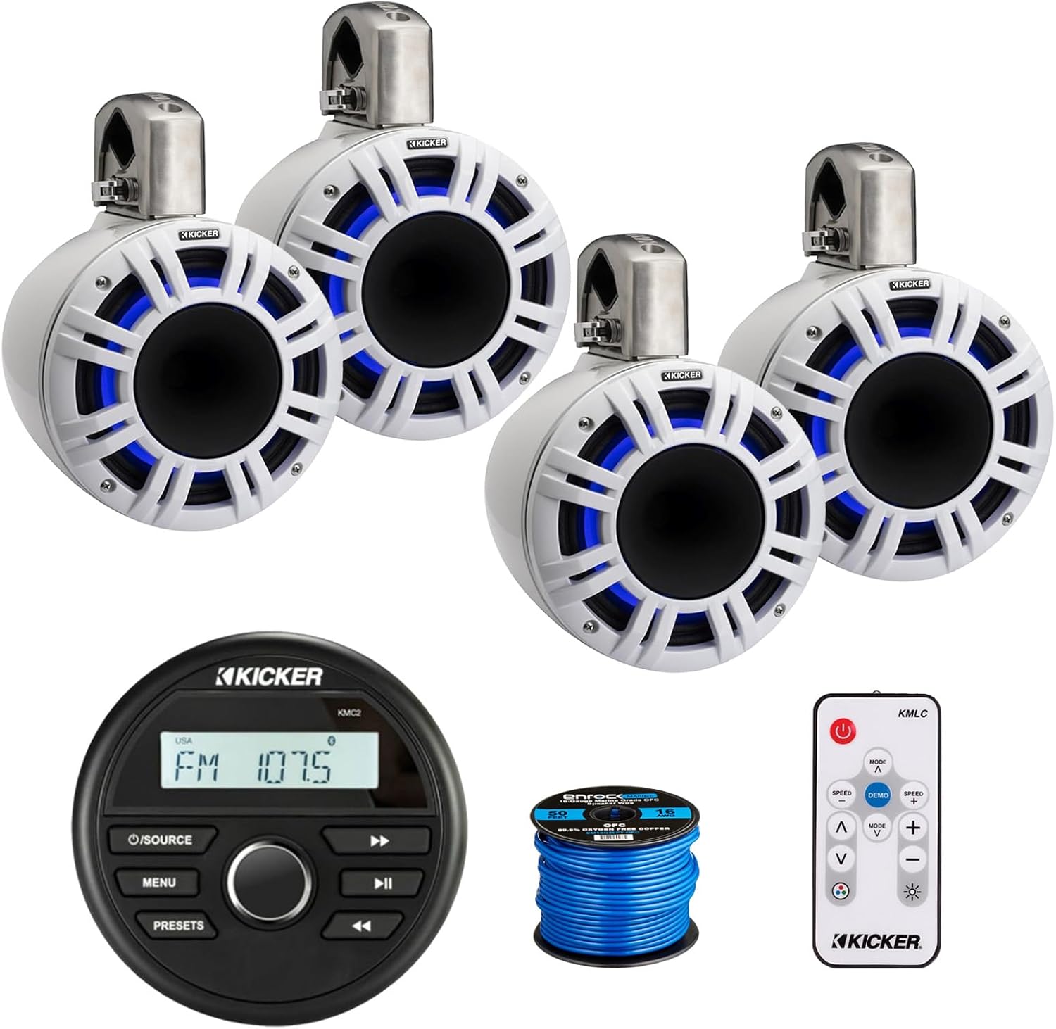 Kicker 46KMC2 Marine Gauge Style USB Bluetooth AM/FM Stereo Media Center Receiver, 4X 8 500 Watt Peak Power Multicolor LED Horn-Loaded (HLCD) Tower Speakers (White) with LED Remote, 50 Feet Wire