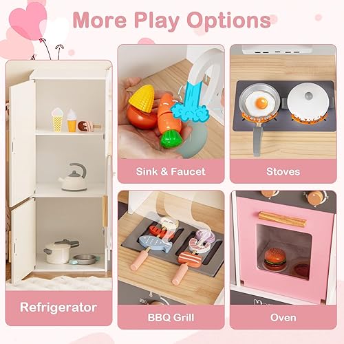 Miniatura 4 de HONEY JOY Juego de cocina para niños, cocina de madera 3 en 1 para niños pequeños, refrigerador y parrilla de barbacoa, campana extractora, estante