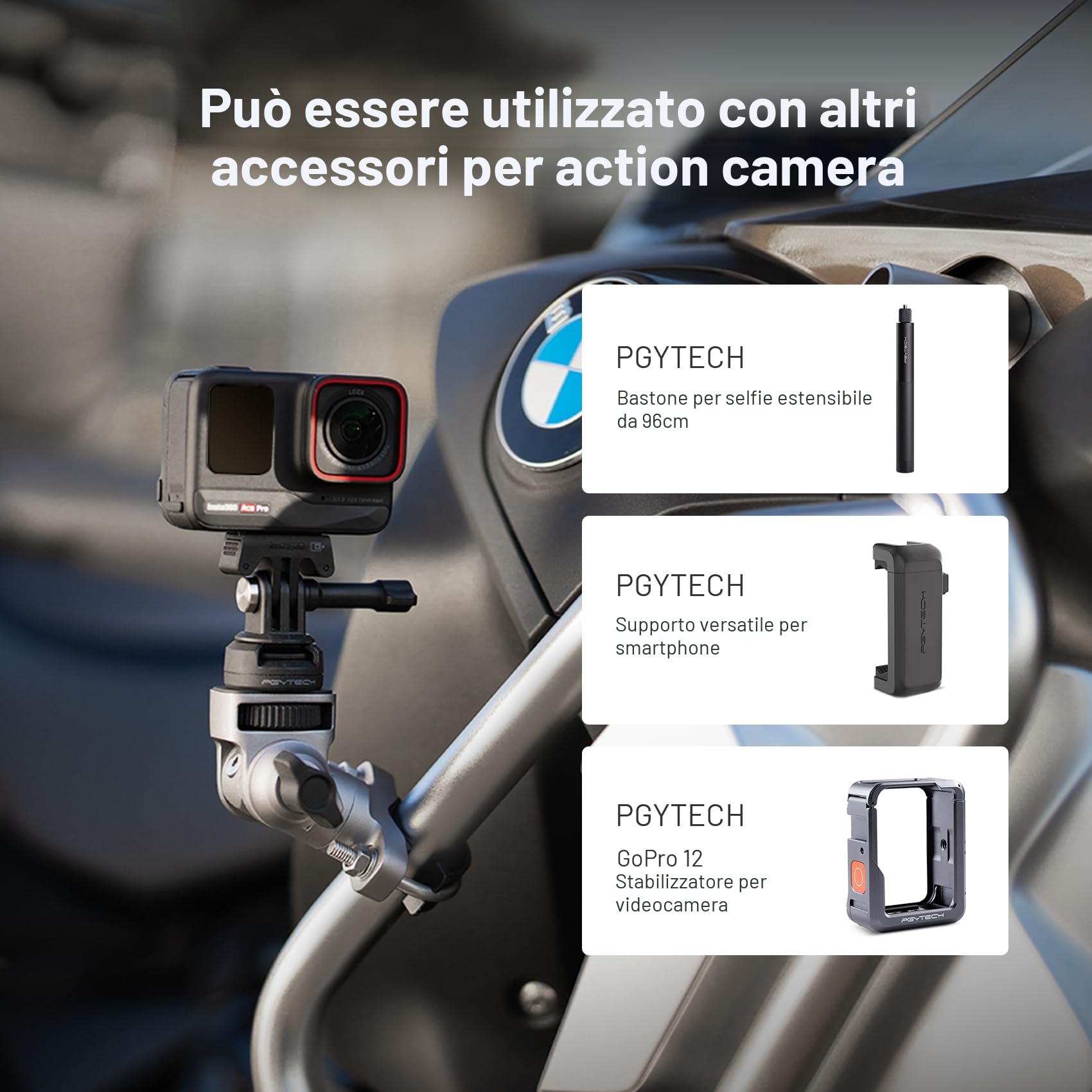 PGYTECH CapLock U-Bolt Montare Staffa in Lega di Alluminio per Insta360 Ace Pro 2/X5/X4, 2 Blocco Cuscino Montaggio Moto Bici con 1/4" Filettatura per Gopro, per DJI Osmo 360/Action/Pocket Accessori