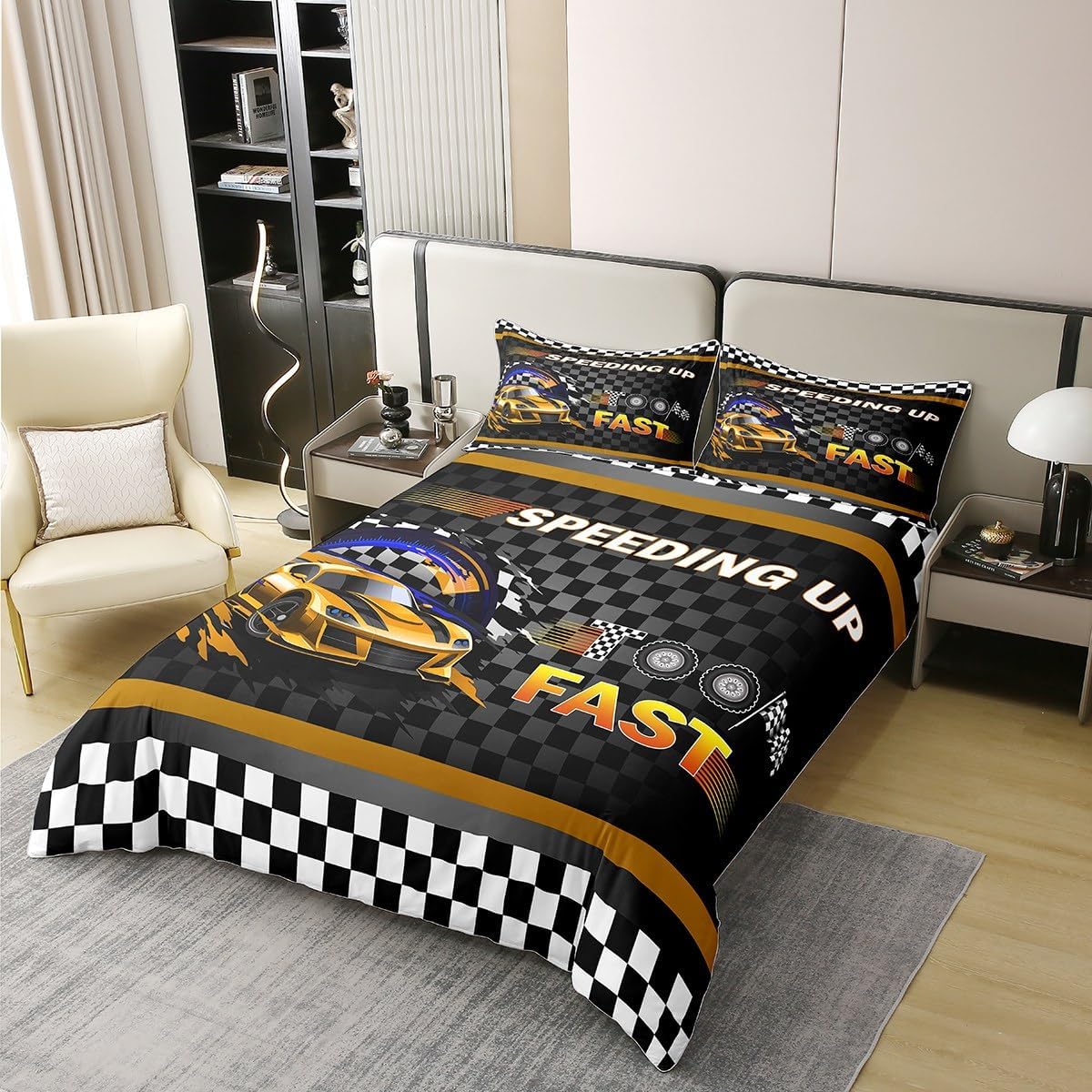 Full Size Comforter Cover Sports Car 100% Cotton Bedding Set Cool Automobile Style Duvet Cover for Bedroom Gifts Extreme Sports Theme Bedding Set 3 PCS(No Filler)