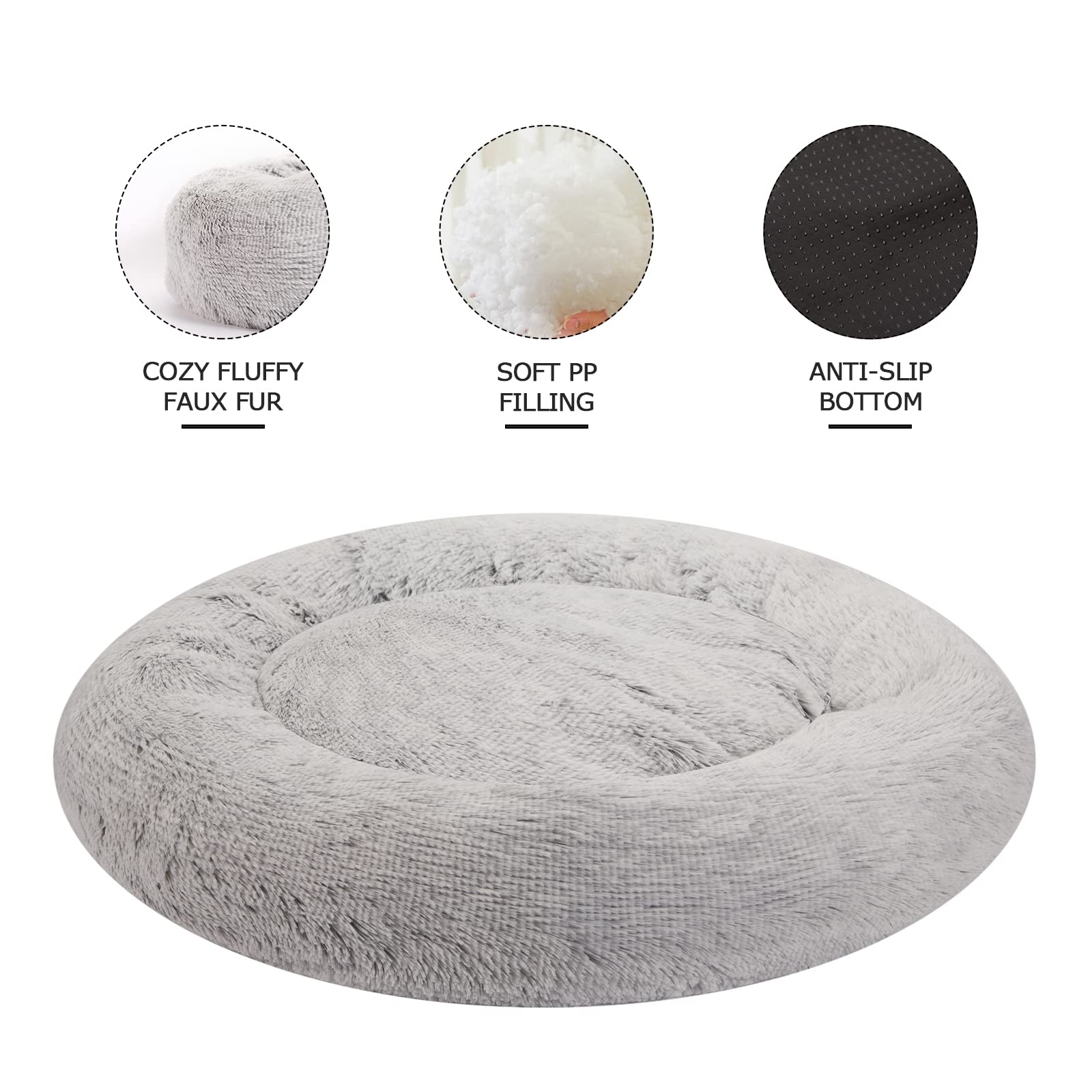 Bedfolks Calming Donut Dog Bed, 23 Inches Round Fluffy Dog Beds for Small Dogs, Machine Washable Anti-Anxiety Plush Puppy Bed(Light Grey, Small)