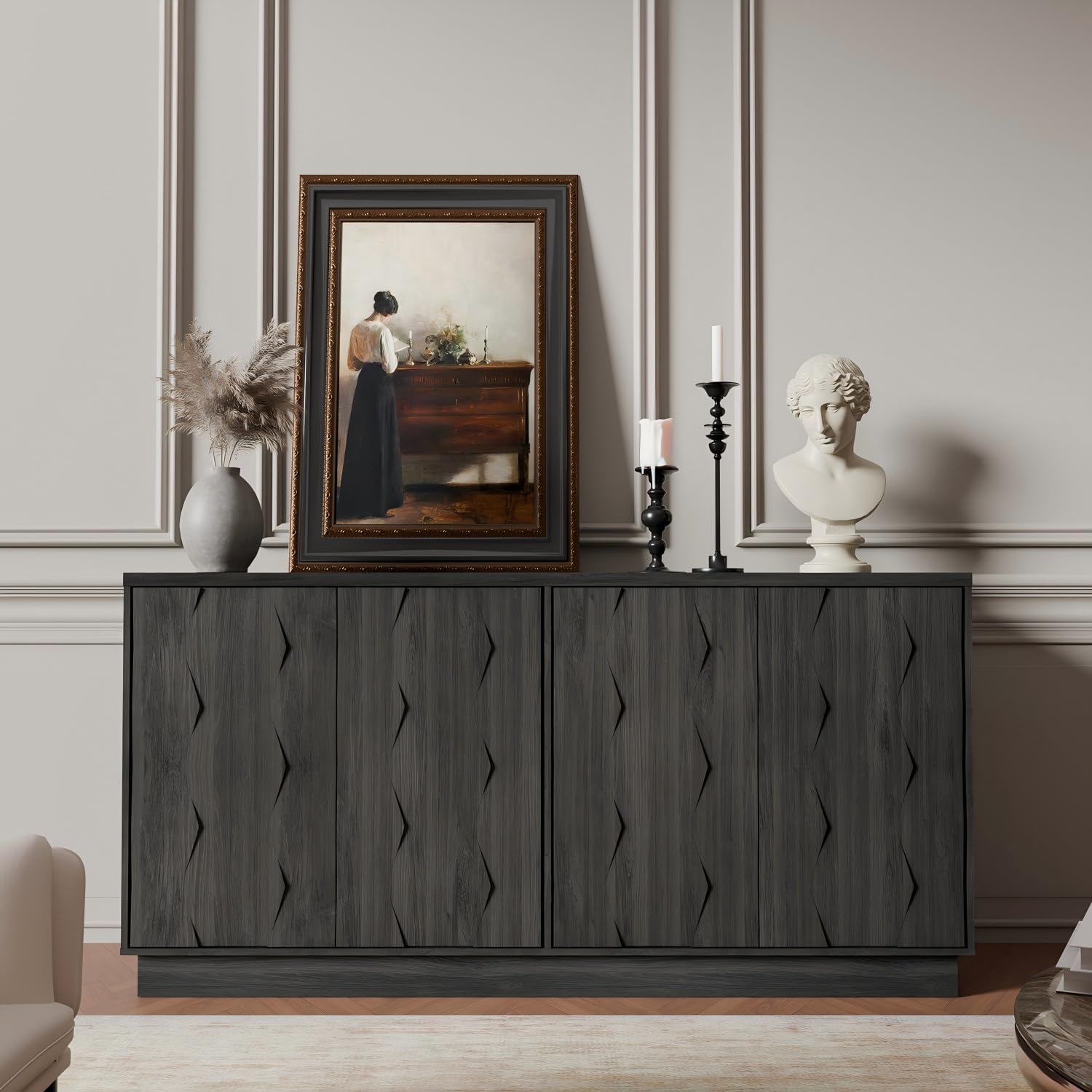 60" Walnut Sideboard Buffet Cabinet with Hexagon Textured Doors, Mid Century Modern 4-Door Credenza with Storage for Kitchen, Living Room, or Entryway (60" W × 30" H × 15.75" D)