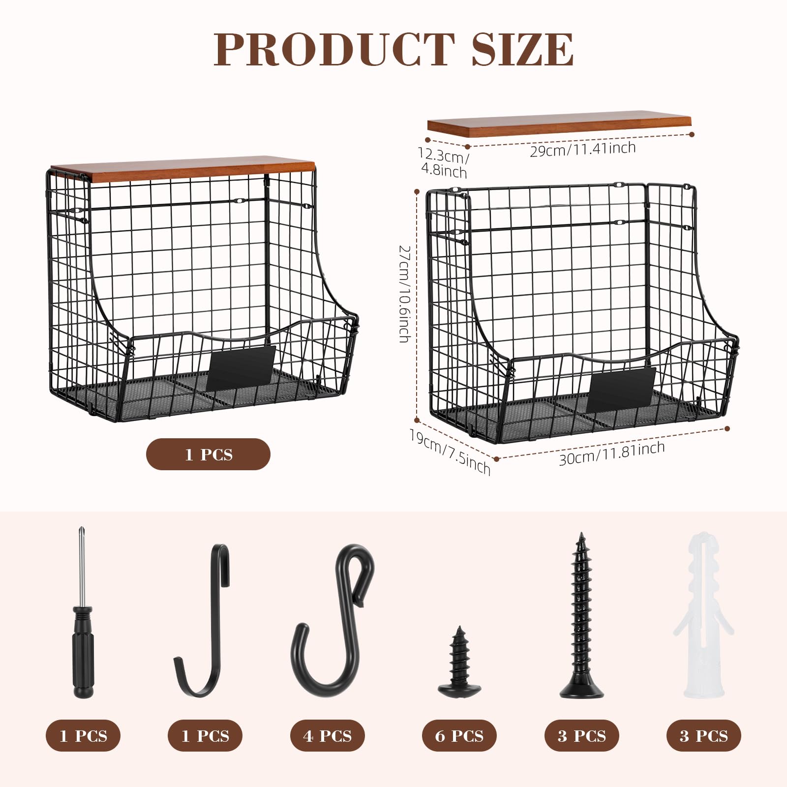Otauoaea Corbeille A Fruit, Panier A Fruits Légumes Empilable En Métal Pour Cuisine Avec Crochets Et Planche De Bois, Fruit Basket Panier Mural Pour Rangement Legumes Et Fruits(1 Pièces,Noir