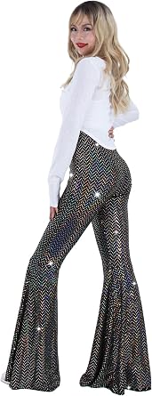 Nawgut Womens Sequin Flare Pant Sparkly High Waisted Leg Bell Bottom Glitter Trousers Night Out Clubwear
