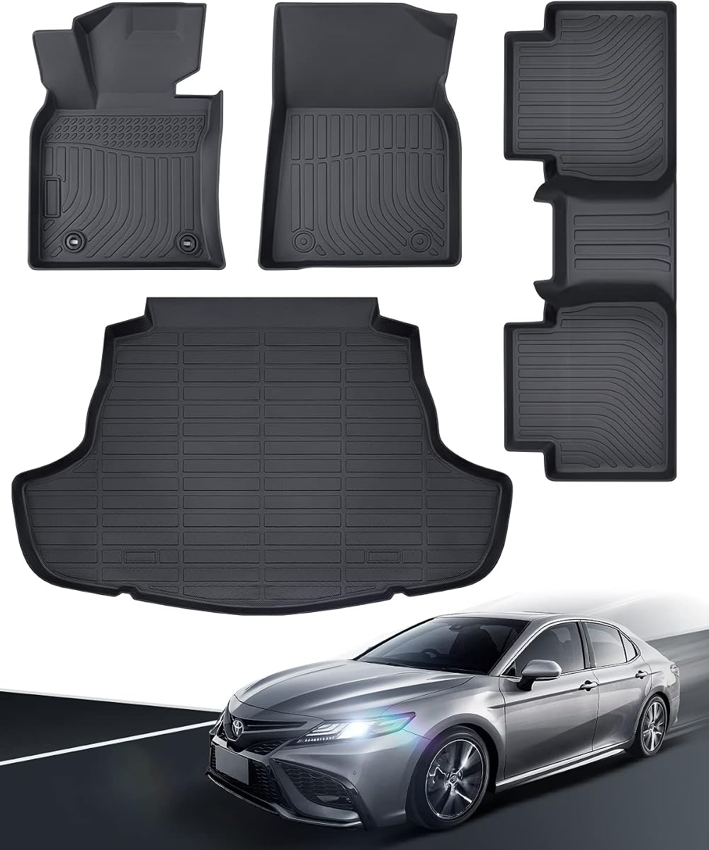 Alfombrillas de piso con revestimiento de carga para Toyota Camry 2018-2024 8.a generación LE/SE/XLE/XSE FWD | No para híbrido/AWD | Ajuste personalizado para fila delantera trasera y maletero | Juego completo de accesorios para coche, resistentes al agua, antideslizantes, color negro, para todo tipo de clima