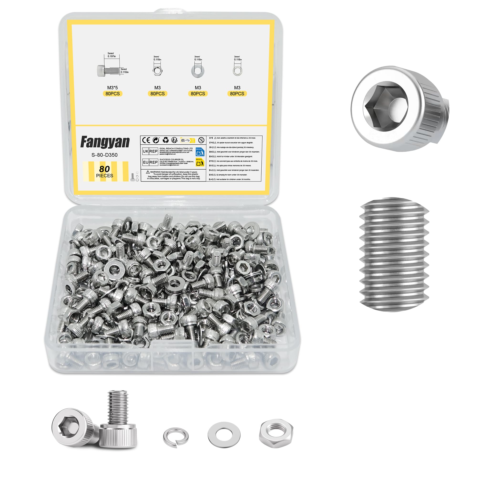 Fangyan 80 PCS M3 x 5mm Hex Socket Cap Head Bolts Set, Stainless Steel Machine Screws with Hex Nuts, Flat & Spring Washers Assortment Kit for Electronics, Small Equipment & DIY Repair