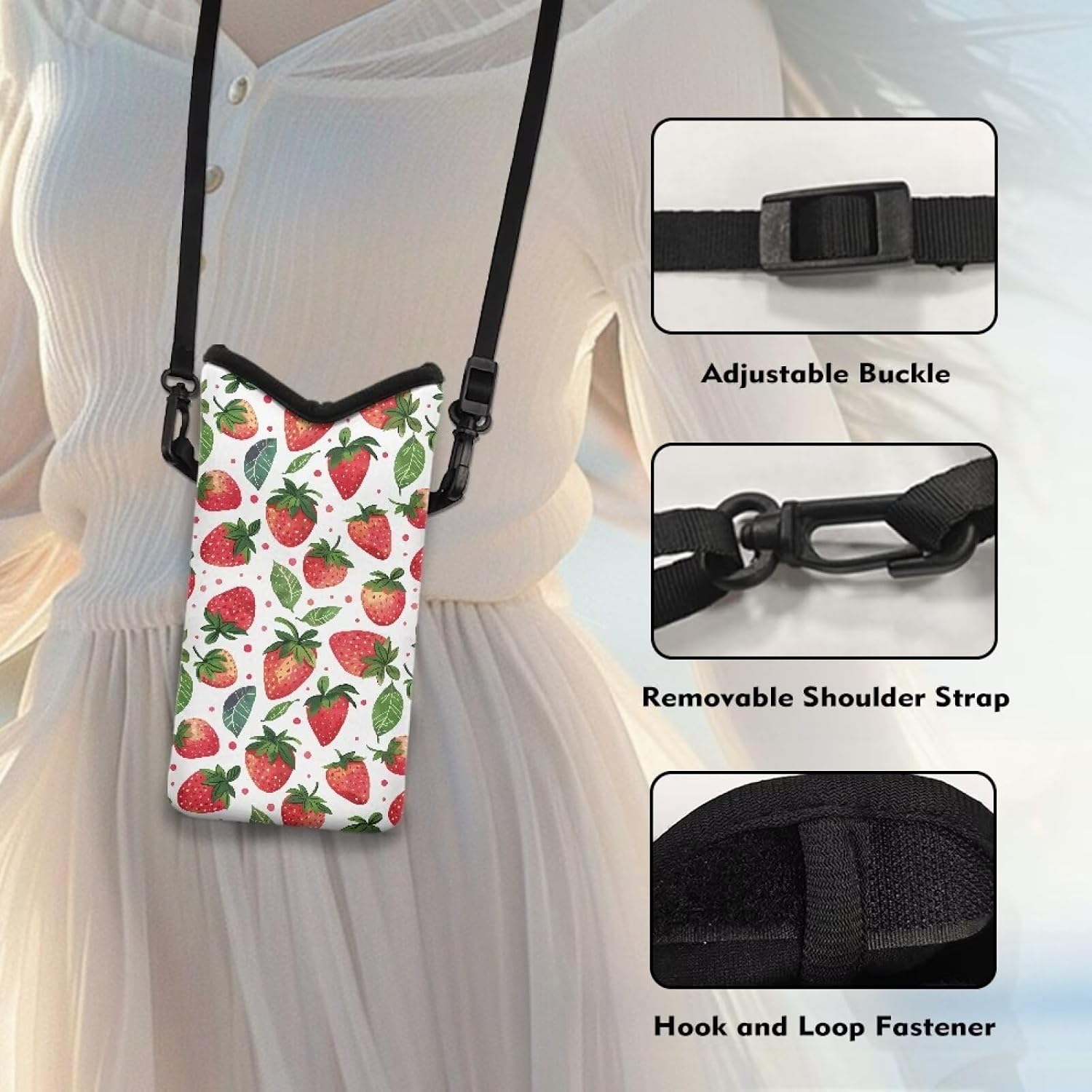 Neoprene Cellphone Crossbody Bag Waterproof Small Cell Phone Pouch with Removable Adjustable Strap Hands-Free Phone Case Bag for Women Men,8 x 4 inch, Cute Strawberry Red White