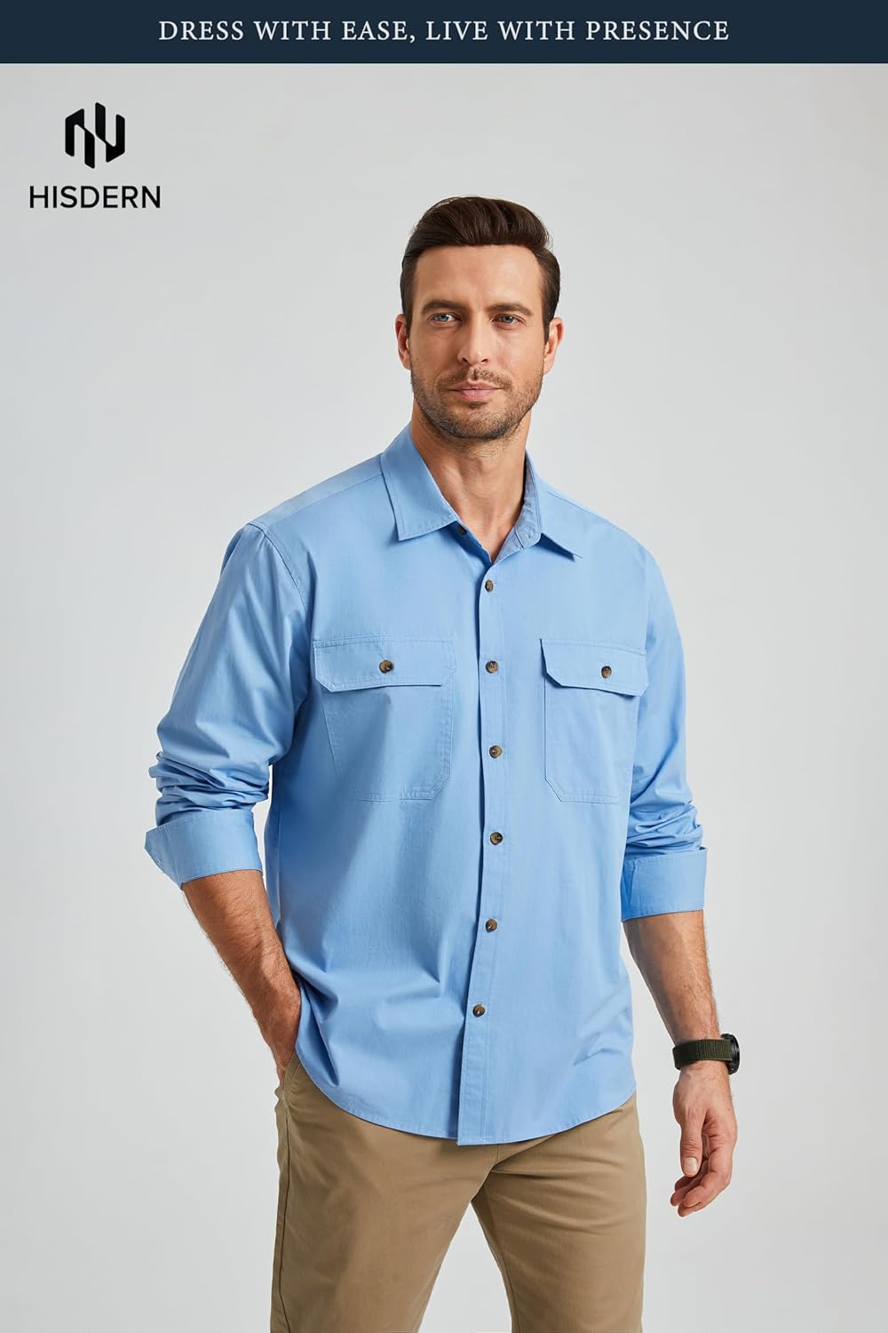 HISDERN 335 Men Long Sleeve Work Shirts with Two Pockets Cotton Button Down Up Shirt Casual Relaxed Fit Workshirt Man - Image 2