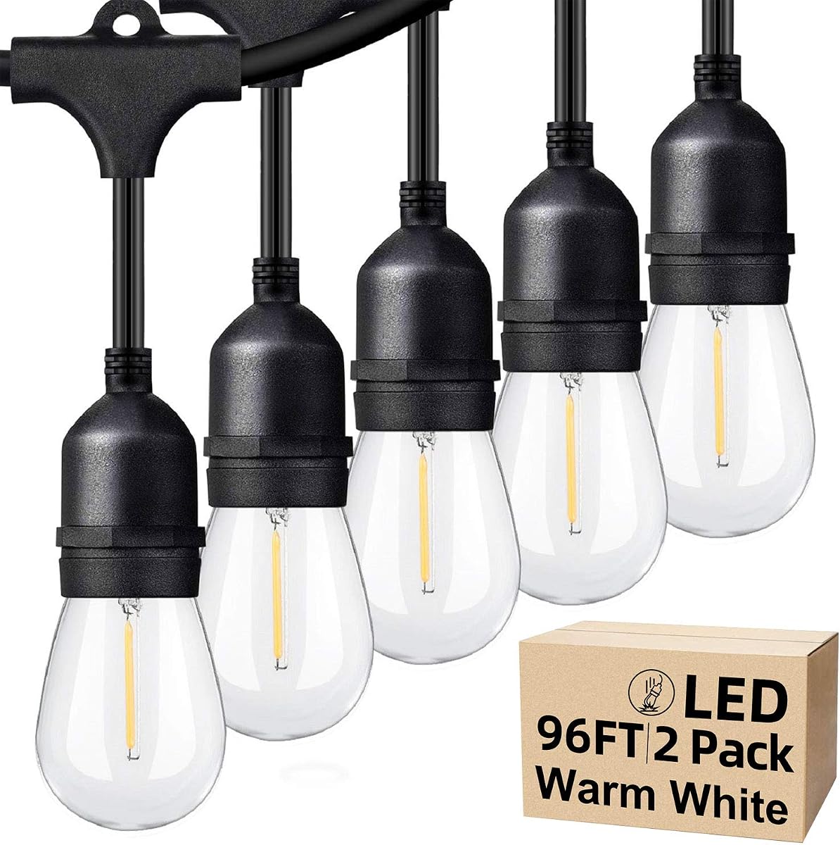 Outdoor String Lights 96FT(48×2), Commercial Grade Heavy Duty Patio Lights | Dimmable S14 Shatterproof LED Bulbs, Linkable Waterproof Bistro Lights for Outside Deck Backyard Cafe Market