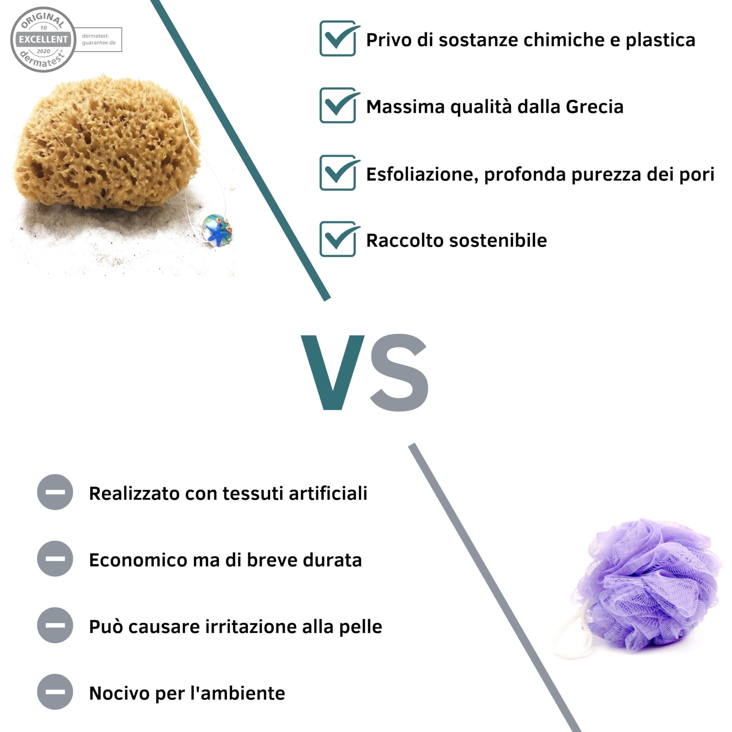 tom&pat® Spugna marina naturale • con cordino e ciondolo in vetro • Dermatest eccellente • spugna doccia per corpo e bagno • non sbiancata • qualità premium dalla Grecia (17-18 cm)